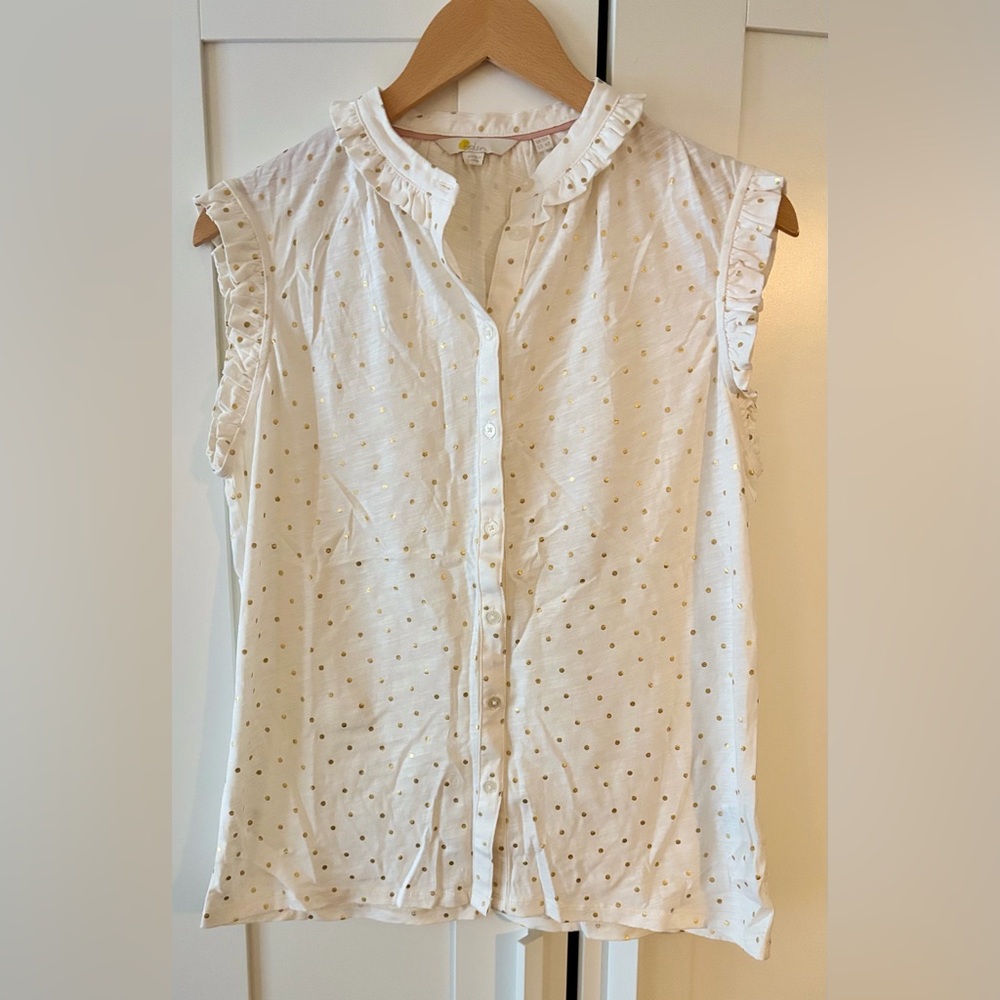 Boden flutter sleeve  Ivory Blouse with Metallic gold Dots